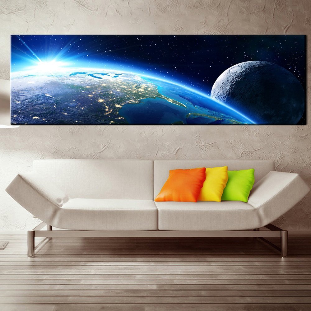Stampa Quadro Canvas su Tela con luce a LED Pianeti Terra, Sole e Luna N121