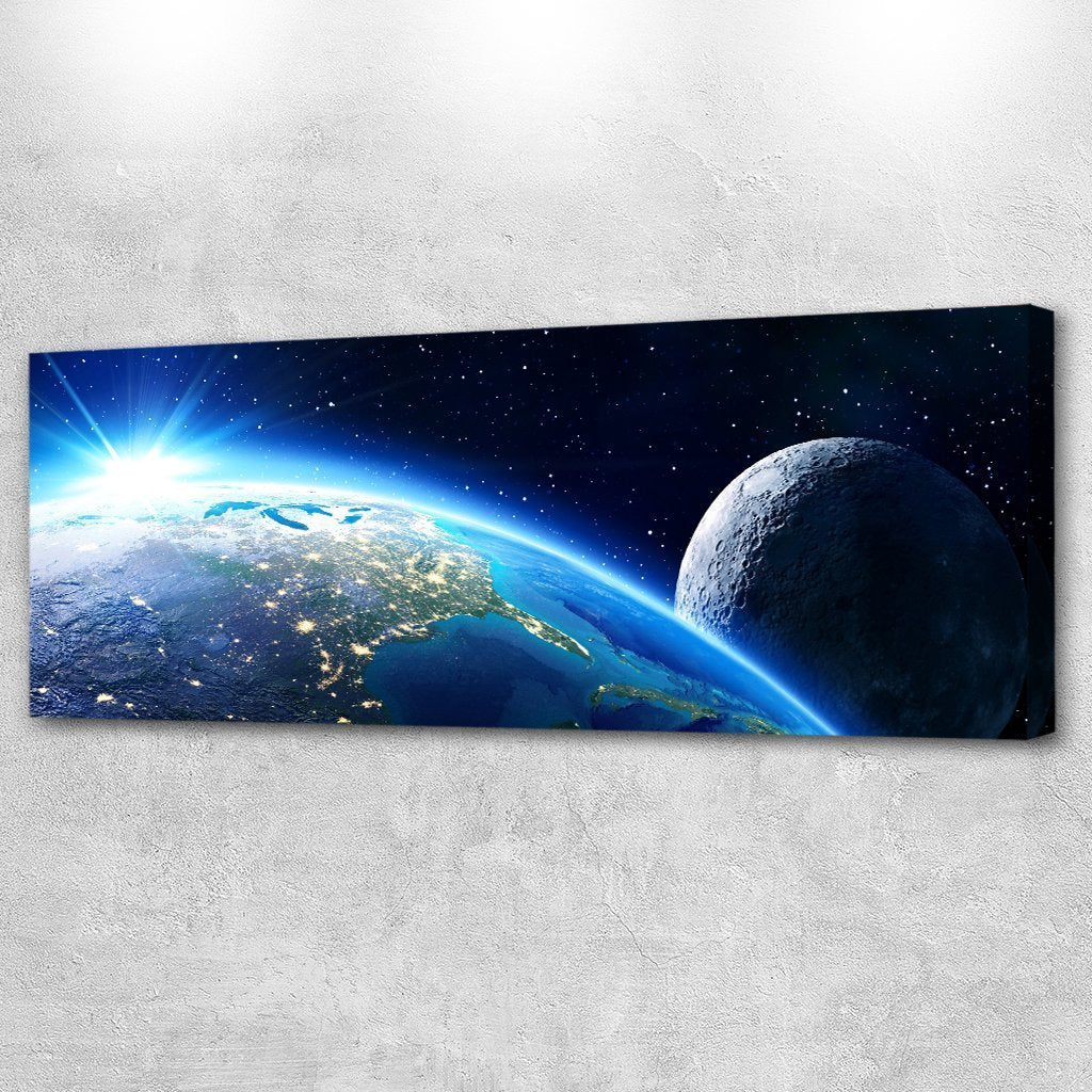 Stampa Quadro Canvas su Tela con luce a LED Pianeti Terra, Sole e Luna N121