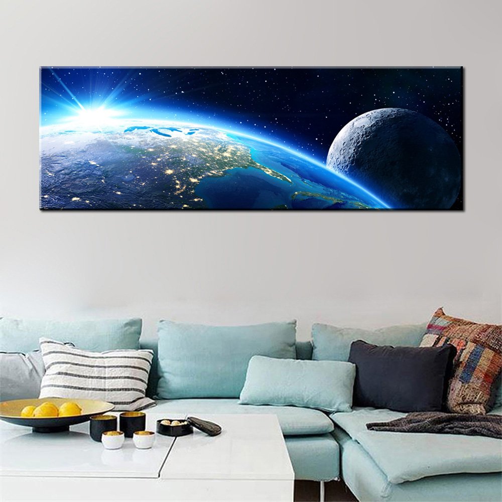 Stampa Quadro Canvas su Tela con luce a LED Pianeti Terra, Sole e Luna N121