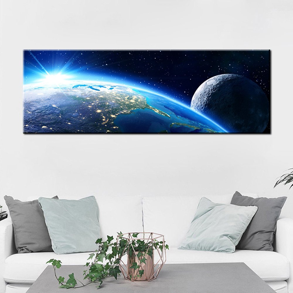 Stampa Quadro Canvas su Tela con luce a LED Pianeti Terra, Sole e Luna N121