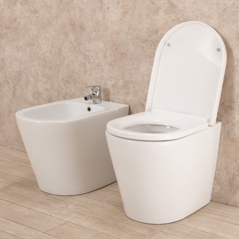 Sanitari Filo Parete Easy in Ceramica Wc con Tavoletta Senza Brida + Bidet