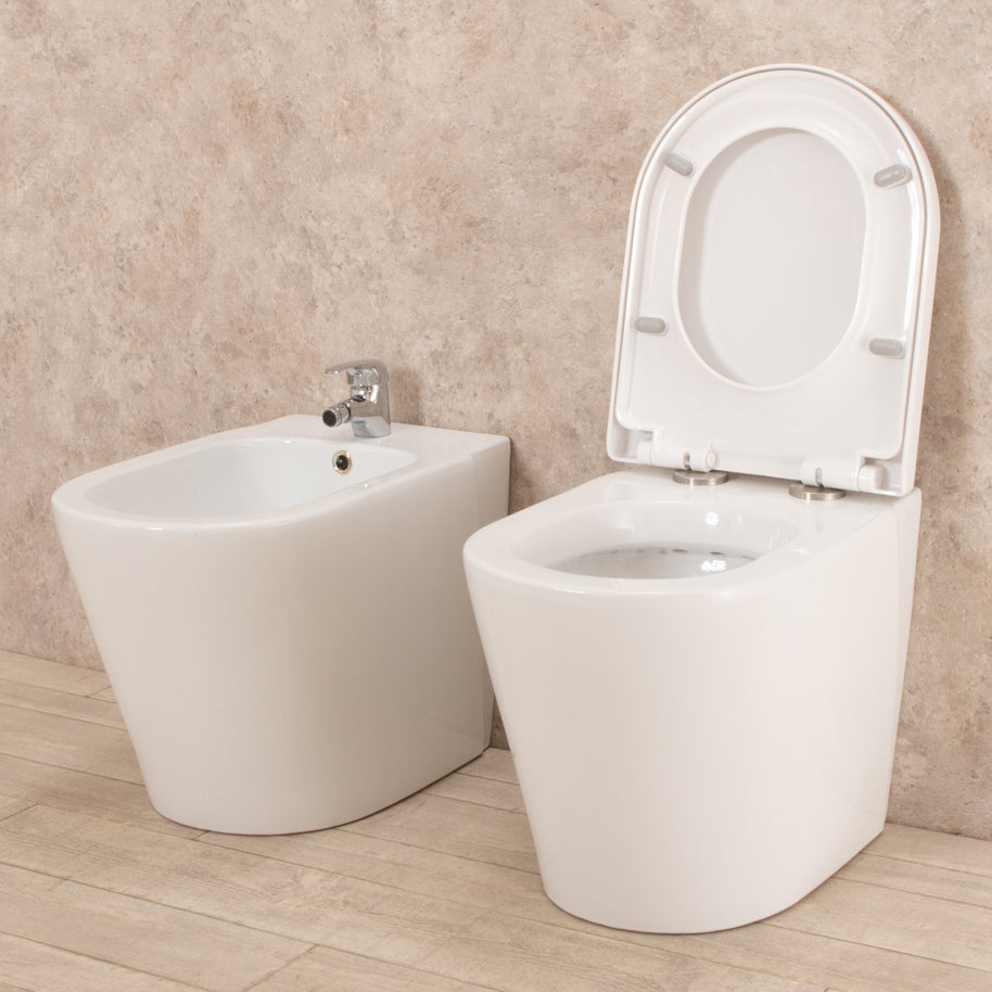 Sanitari Filo Parete Easy in Ceramica Wc con Tavoletta Senza Brida + Bidet