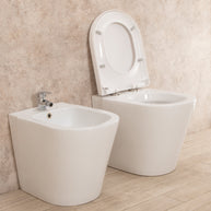 Sanitari Filo Parete Easy in Ceramica Wc con Tavoletta Senza Brida + Bidet