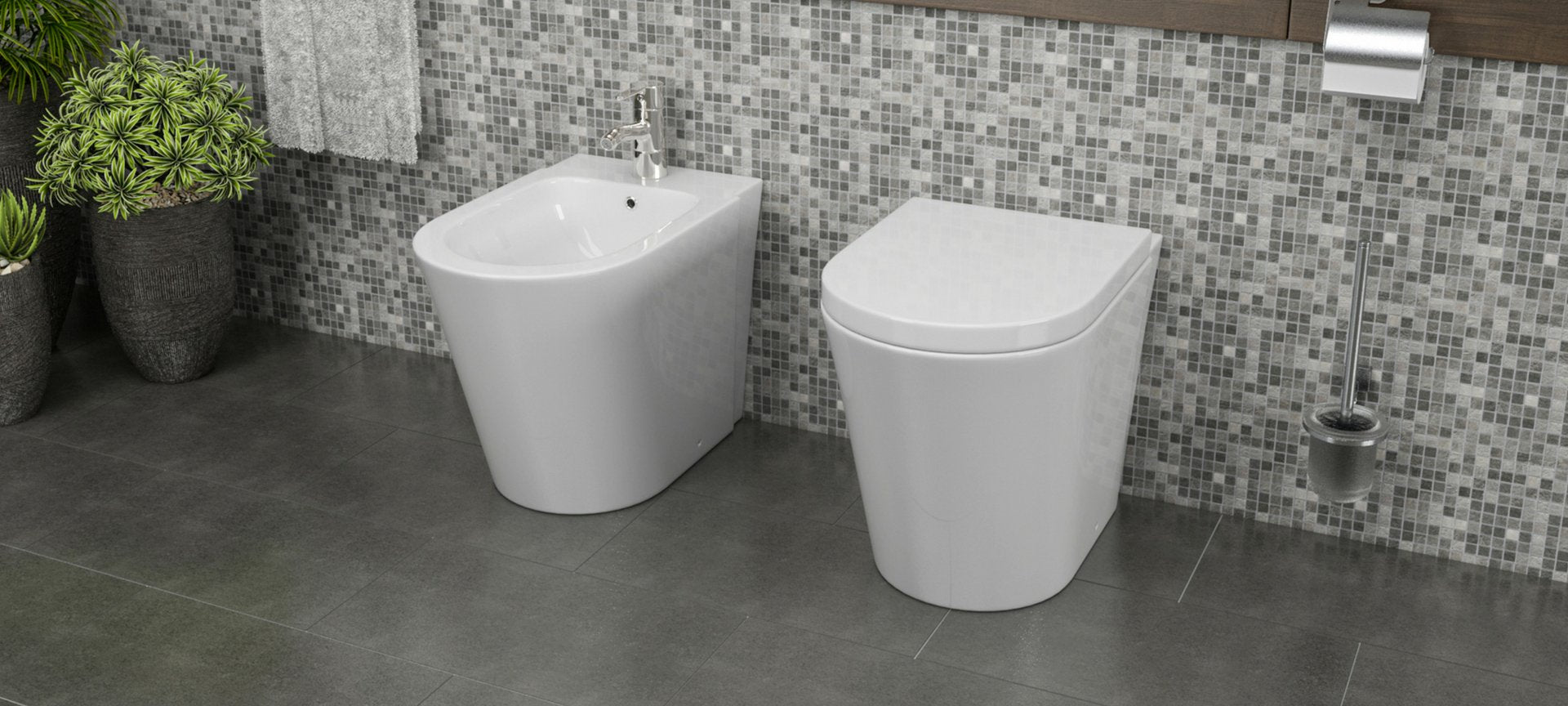 Sanitari Filo Parete Easy in Ceramica Wc con Tavoletta Senza Brida + Bidet