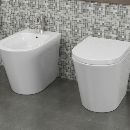 Sanitari Filo Parete Easy in Ceramica Wc con Tavoletta Senza Brida + Bidet