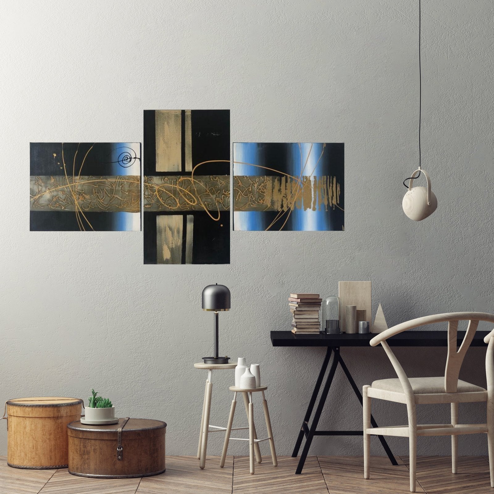 Quadro Moderno Dipinto a Mano su Tela Astratto a 3 Pannelli N55