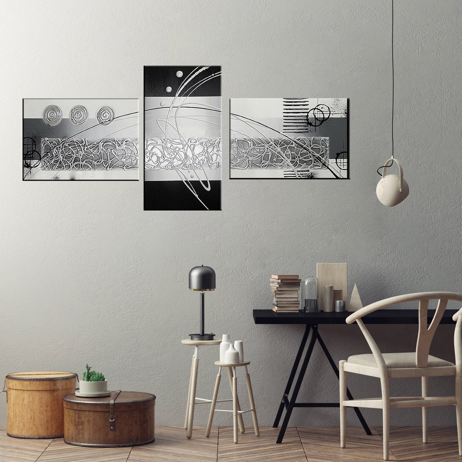 Quadro Moderno Dipinto a Mano su Tela Astratto a 3 Pannelli N56