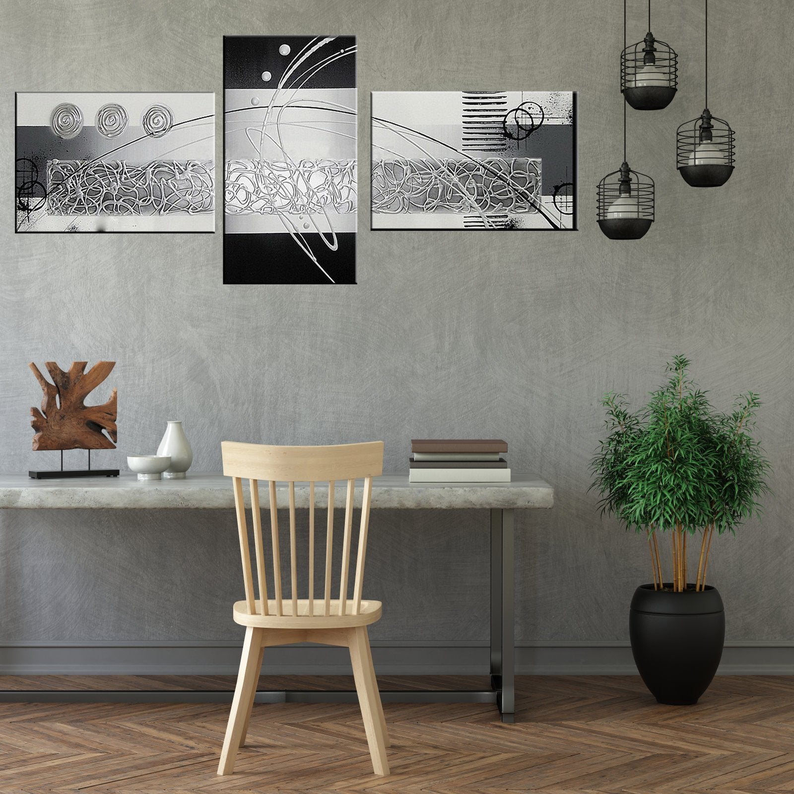 Quadro Moderno Dipinto a Mano su Tela Astratto a 3 Pannelli N56