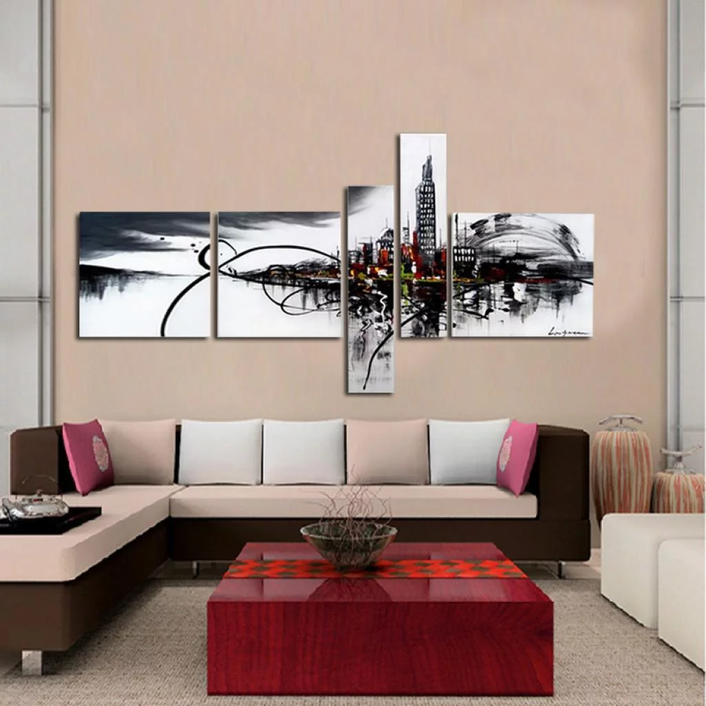 Quadro Moderno Dipinto a Mano su Tela Paesagistico a 5 Pannelli N64 cod.  00000450